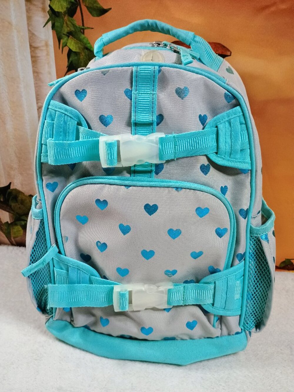 VGUC Kids Pottery Barn Aqua & Gray Glitter Heart Backpack School Bookbag